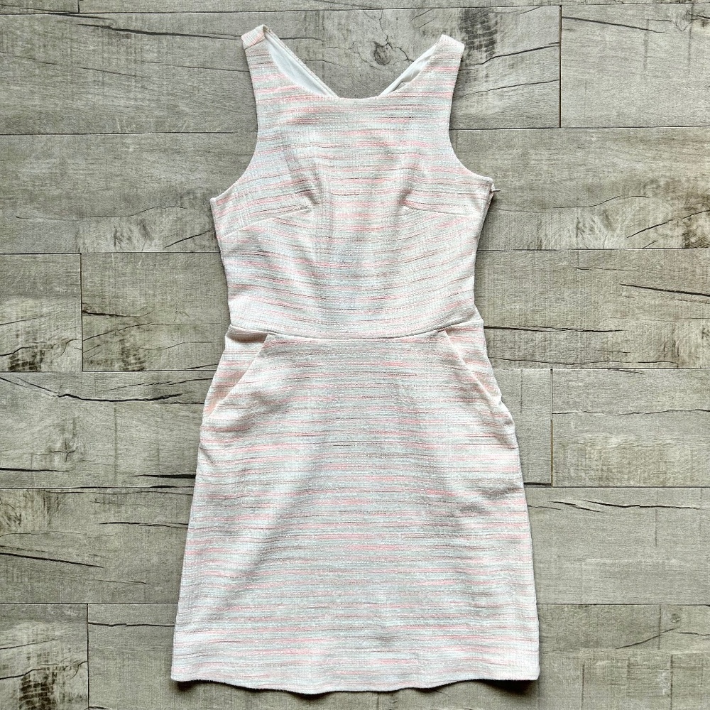 LOFT Metalic Tweede Pink Cream Striped Cross Back Fit Flare Sheath Dress 00P